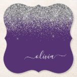 Posavasos De Papel Plata Purpurina Púrpura Girly Monograma Nombre<br><div class="desc">Láminas de papel de Monograma con Purpurina de guijarros morado y plateado. Esto hace que la graduación perfecta, el cumpleaños, el boda, la ducha de novia, el aniversario, la ducha de bebé o la fiesta de soltera sea un regalo para alguien que ama el lujo glam y los estilos de...</div>