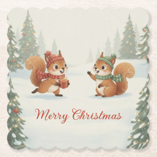 Posavasos De Papel Playful Squirrels in Christmas Winter Forest