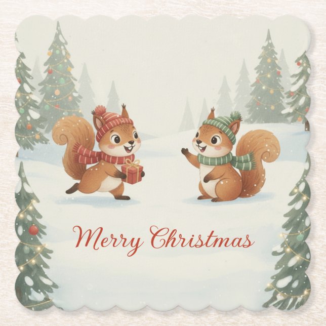 Posavasos De Papel Playful Squirrels in Christmas Winter Forest (Anverso)