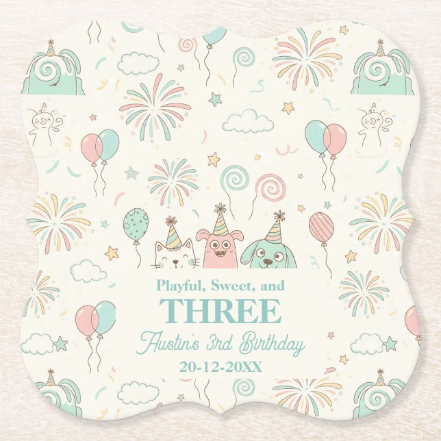 Posavasos De Papel Playful Sweet and Three Kids Birthday  (Anverso)