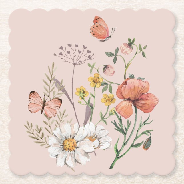 Posavasos De Papel Plaza de Flor Silvestre Floral Rosa Rubor (Anverso)