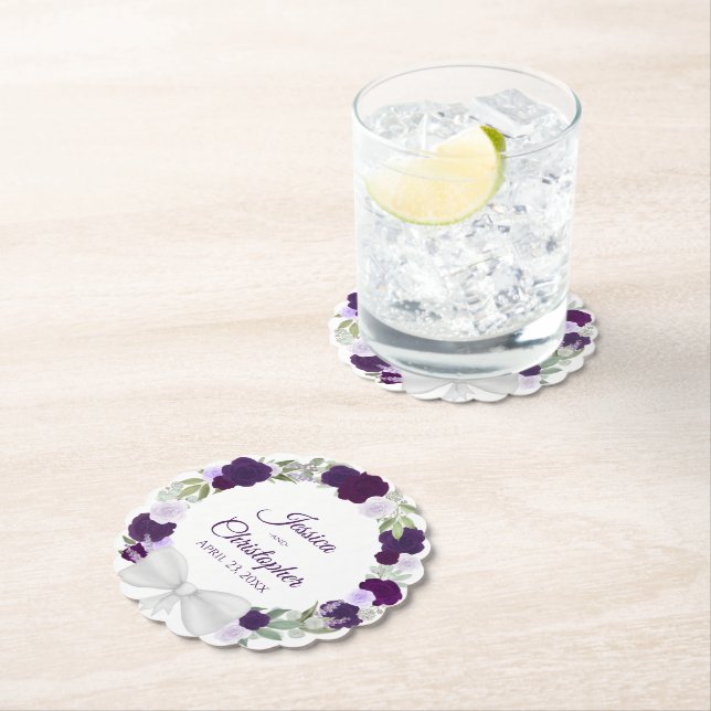 Posavasos De Papel Pluma morada y guirnalda de lavanda de Boda Rosa (In situ)