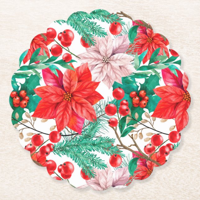 Posavasos De Papel Poinsettia, Pine Boughs y Red Berries (Anverso)