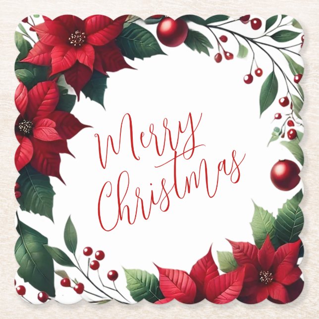 Posavasos De Papel Poinsettia Wreath – Elegant Christmas Florals (Anverso)