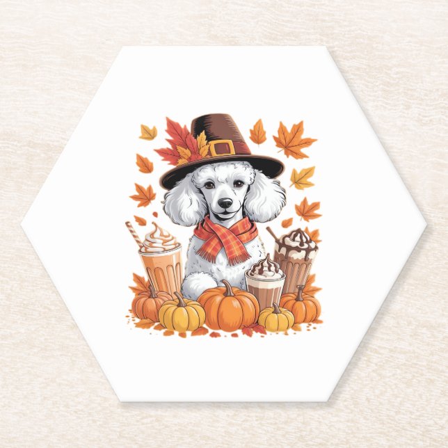 Posavasos De Papel Poodle Thanksgiving Drinks Coffee Fall Leaves Pump (Anverso)