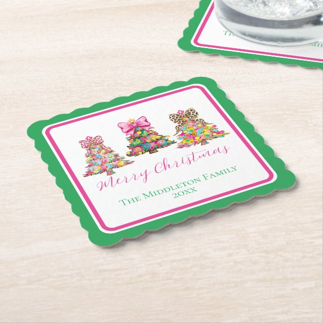 Posavasos De Papel Preppy Pink and Green Christmas Trees (En perspectiva)