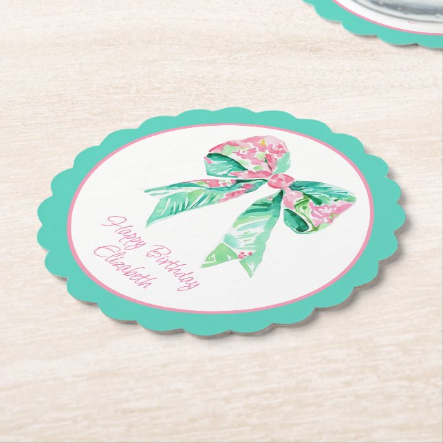 Posavasos De Papel Preppy Pink Floral Bow Personalizado (En perspectiva)