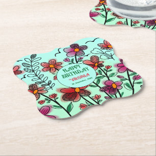 POSAVASOS DE PAPEL PRIMAVERA ÚNICA DOODLE ROJO FLORES CUMPLEAÑOS
