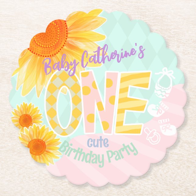 Posavasos De Papel Primer cumpleaños de Cute Sunflower (Anverso)