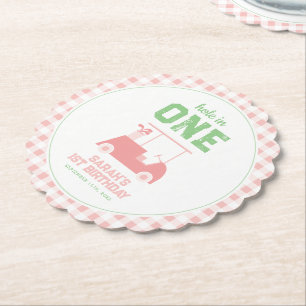 Posavasos De Papel Primer cumpleaños de Hole in One Pink Check Chica