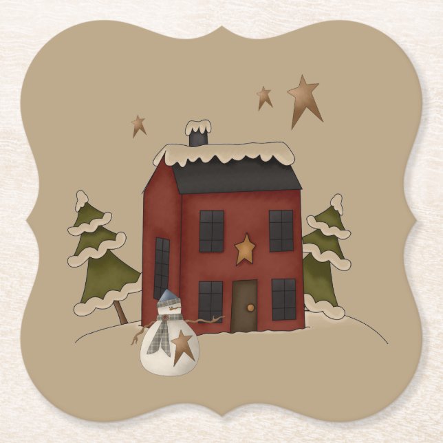 Posavasos De Papel Primitivo Colonial Rojo Con Hombre De Nieve (Anverso)