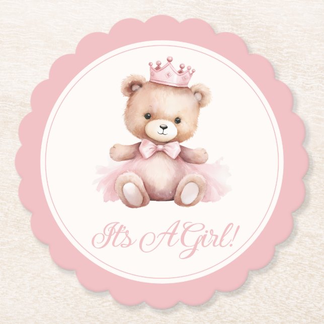 Posavasos De Papel Princesa Rosa Oso Niña Baby Shower (Anverso)