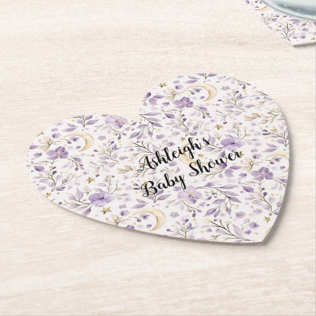 Posavasos De Papel Purple White Moons & Stars Floral Baby Shower (En perspectiva)