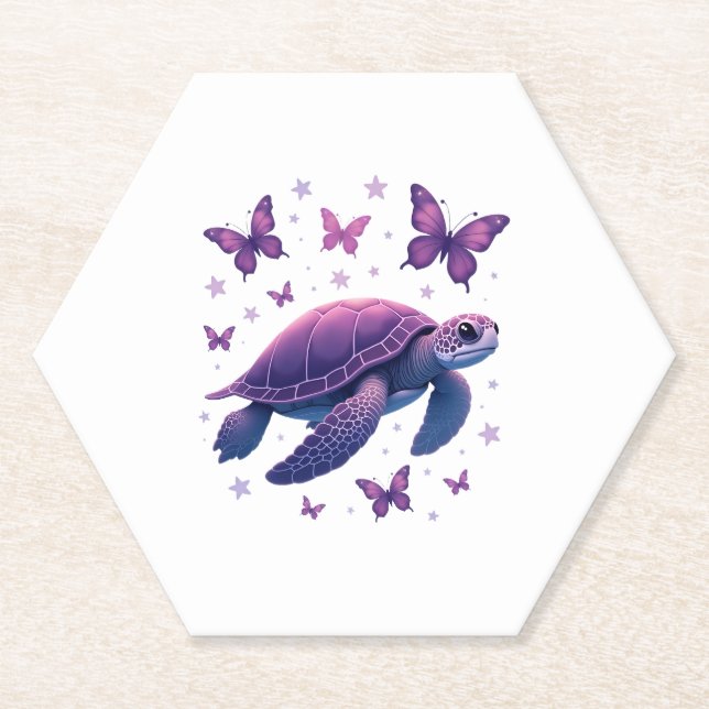 Posavasos De Papel Púrpura - Camiseta mariposa de tortuga marina (Anverso)