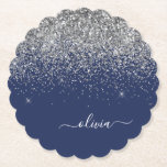 Posavasos De Papel Purpurina azul de la Marina Plata Monograma Girly<br><div class="desc">Purpurina de espuma azul y plateado de la Marina Guión Monograma Nombre de las tiras de papel. Esto hace que la graduación perfecta, el cumpleaños, el boda, la ducha de novia, el aniversario, la ducha de bebé o la fiesta de soltera sea un regalo para alguien que ama el lujo...</div>