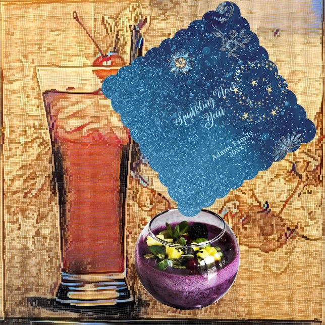 Posavasos De Papel Purpurina de Año Nuevo esparcido azul Fiesta flora (Blue Sparkling New Year Glitter Stars Floral Party Paper Coaster)