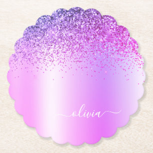 Posavasos De Papel Purpurina de monograma púrpura Sparkle Girly Scrip