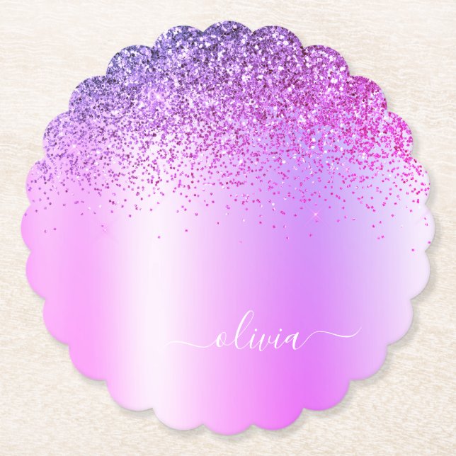 Posavasos De Papel Purpurina de monograma púrpura Sparkle Girly Scrip (Anverso)