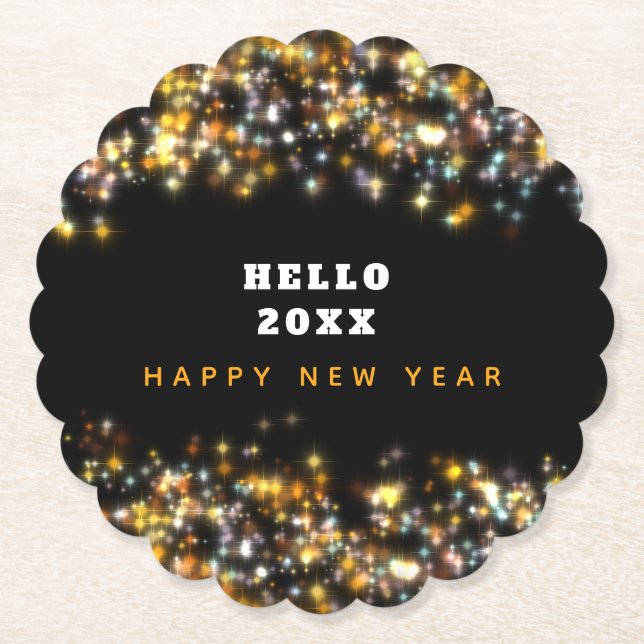 Posavasos De Papel Purpurina de oro de Año Nuevo feliz negro moderno  (Anverso)