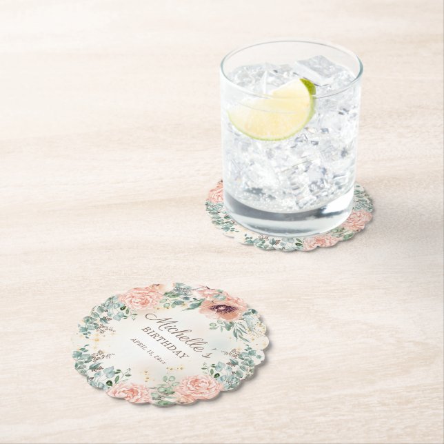 Posavasos De Papel Purpurina de oro de follaje verde con flores rosad (In situ)