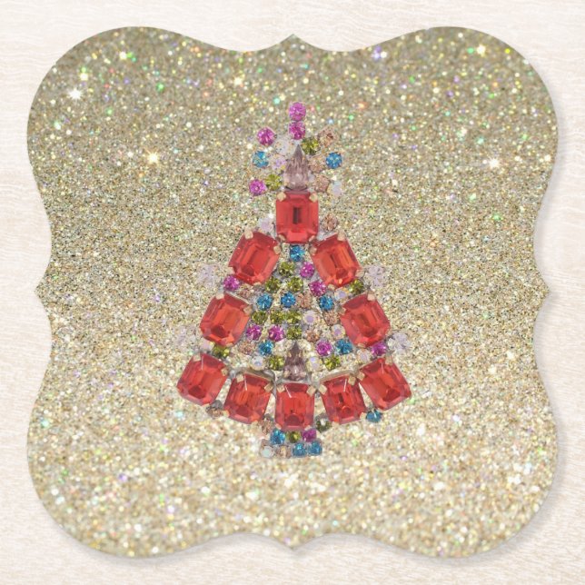 Posavasos De Papel Purpurina de oro del árbol rojo de los Navidades d (Anverso)