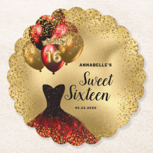 Posavasos De Papel Purpurina de oro Tiara Rojo Vestido dulce 16 cumpl