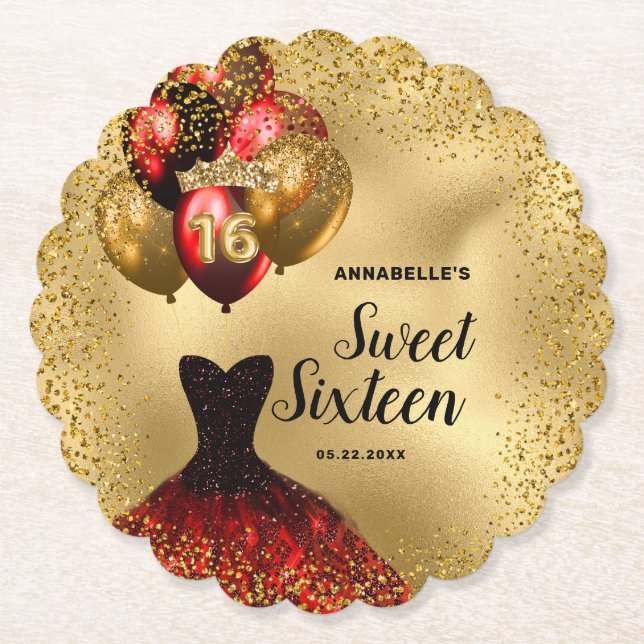 Posavasos De Papel Purpurina de oro Tiara Rojo Vestido dulce 16 cumpl (Anverso)