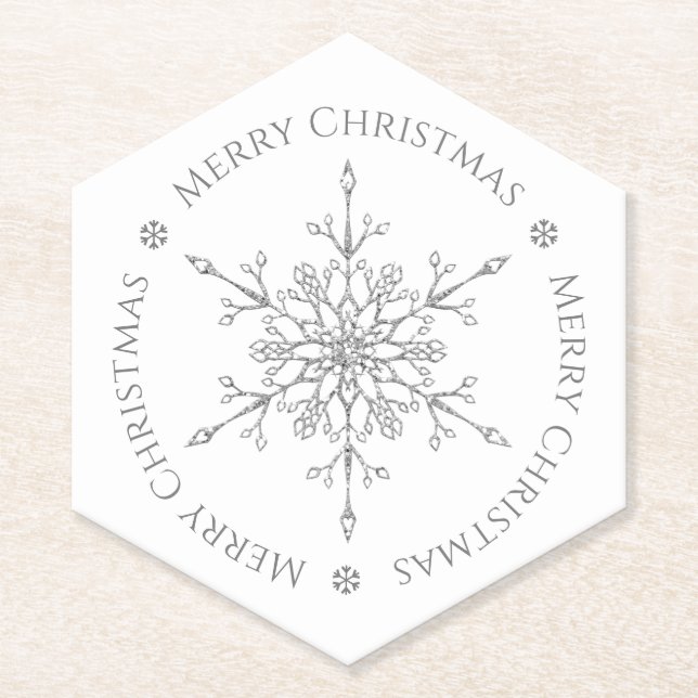 Posavasos De Papel Purpurina Silver Snowflake Feliz Navidad (Anverso)