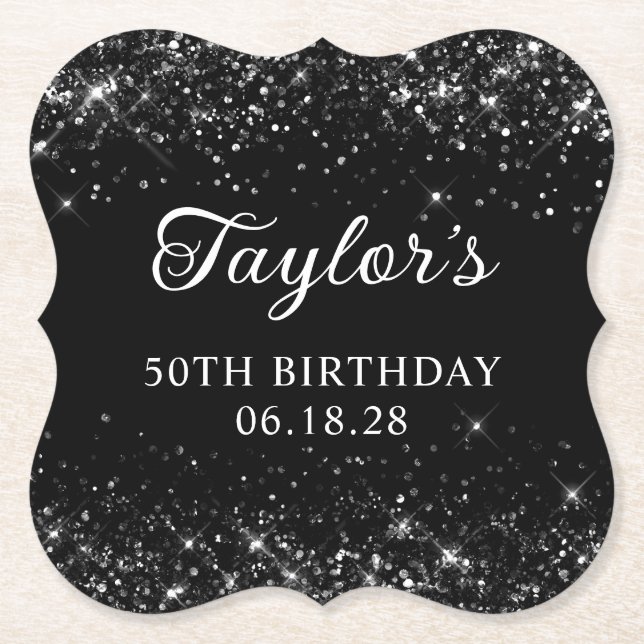 Posavasos De Papel Purpurinoso Negro 50 cumpleaños (Anverso)