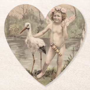 Posavasos De Papel Querubín Vintage con Cigüeña junto al Lago