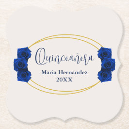 Posavasos De Papel Quinceañera geométrica real azul y oro