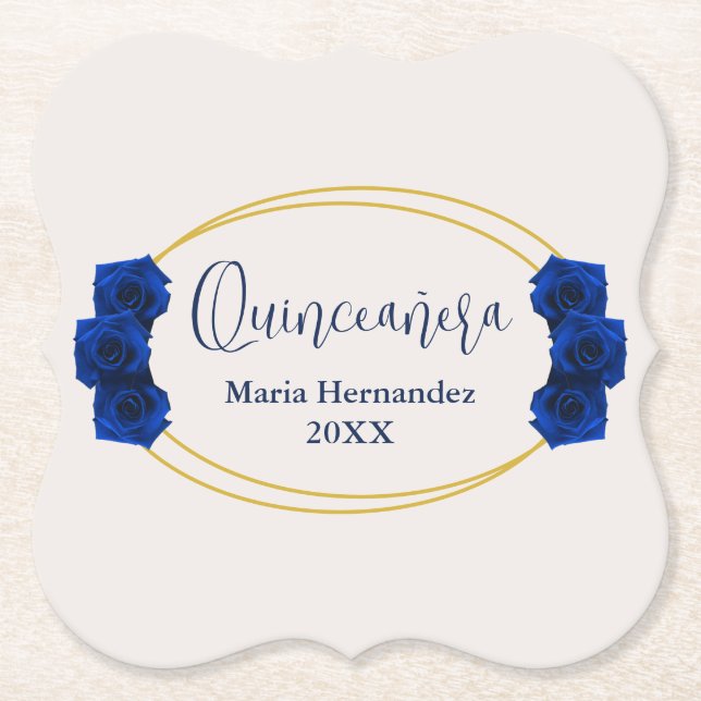 Posavasos De Papel Quinceañera geométrica real azul y oro (Anverso)