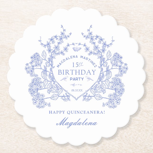 Posavasos De Papel Quinceanera Personalizado Escudo Floral Azul (Anverso)