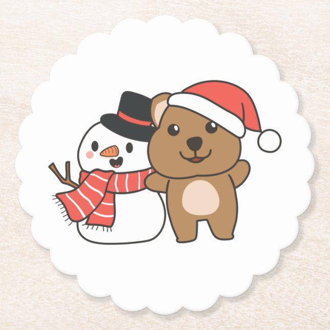 Posavasos De Papel Quokka Con Snowman En Invierno En Navidades (Anverso)