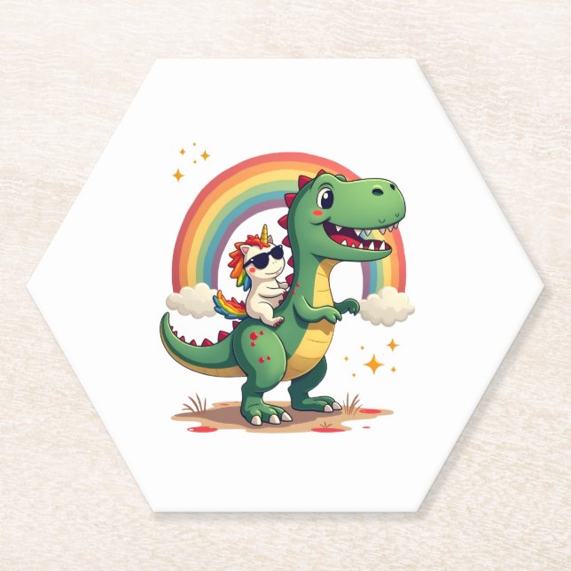 Posavasos De Papel Rainbow Unicorn Riding T rex - Dinosaur Boys Girls (Anverso)
