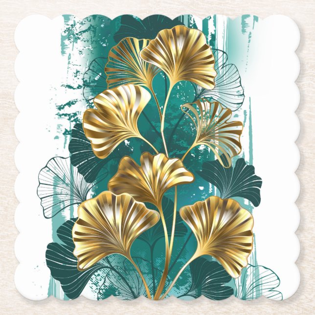 Posavasos De Papel Rama con hojas doradas Ginko Biloba (Anverso)
