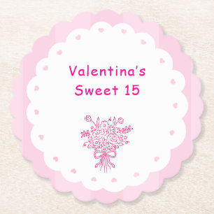 Posavasos De Papel Ramo Floral Elegante de Quinceañera Rosa y Blanc