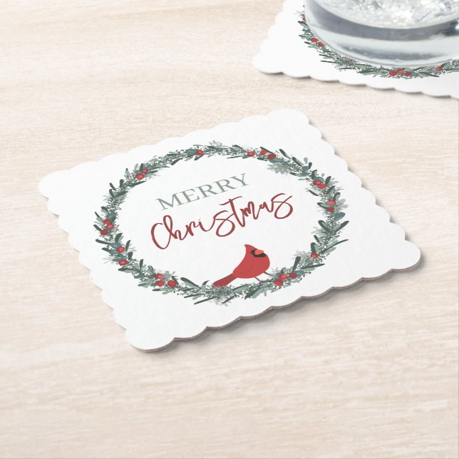 Posavasos De Papel Red Berries Wreath and Red Cardinal Christmas  (En perspectiva)