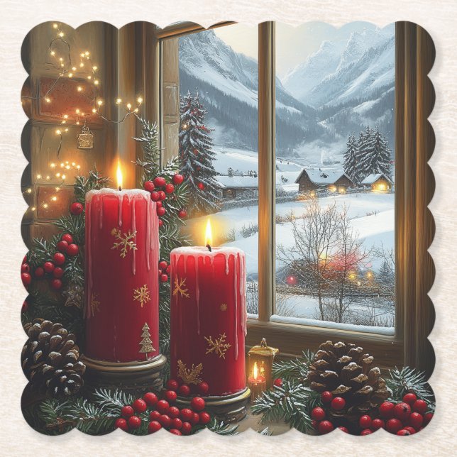 Posavasos De Papel Red Christmas Candles Red Berries Pine Cones  (Anverso)