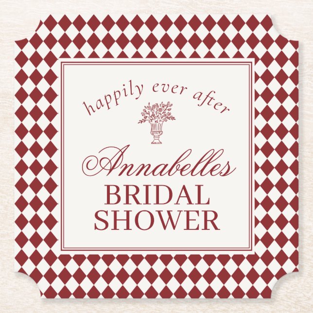 Posavasos De Papel Red Merlot Harlequin Checkered Bridal Shower (Anverso)