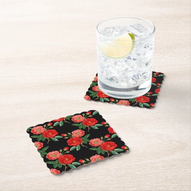 Posavasos De Papel Red Roses, Black Background, (In situ)