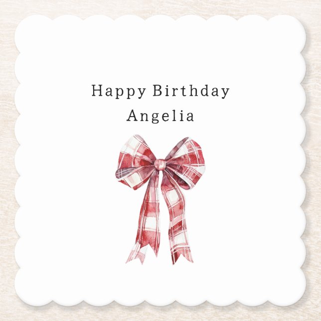Posavasos De Papel Red White Plaid Stripes Bow Birthday (Anverso)