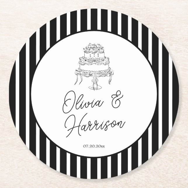 Posavasos de papel redondo para boda con rayas bla (Anverso)