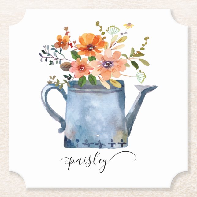 Posavasos De Papel Regadera de flores de acuarela naranja boho rústic (Anverso)