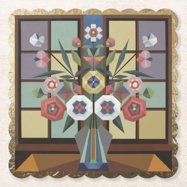 Posavasos De Papel Relieve metalizado dorado Cubist Art Flowe Coaster (Anverso)