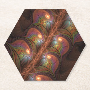 Posavasos De Papel Resumen fluorescente colorido Trippy Brown Fractal