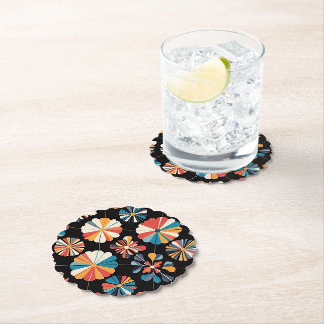Posavasos De Papel Retro Black Rainbow geometric Flowers Pattern  (In situ)