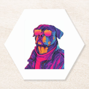 Posavasos De Papel Retro Rottweiler � Perro Neon Vibe de 80 años