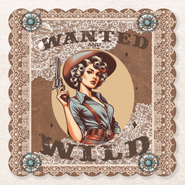 Posavasos De Papel Retro Western Wanted & Wild Cowgirl (Anverso)