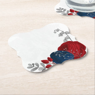 Posavasos De Papel rojo oscuro y flores azules marino plata